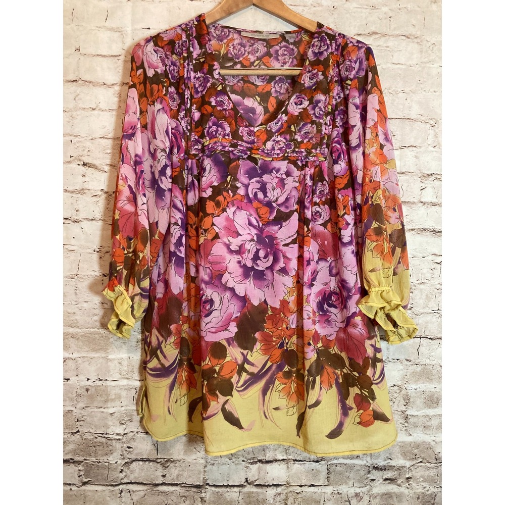 Avenue Top Womens 18/20 Purple Floral Romantic‎ Feminine Bell Sleeve Plus Flowy
